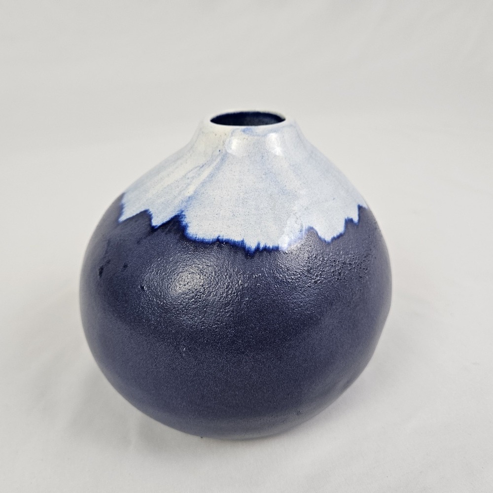 Abigails Indigo Blue Pottery Vase w/ White Drip Glaze MCM Style Portugal Boho